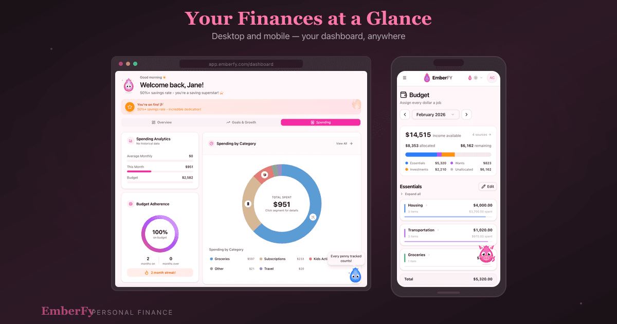 EmberFy dashboard - desktop and mobile app experience