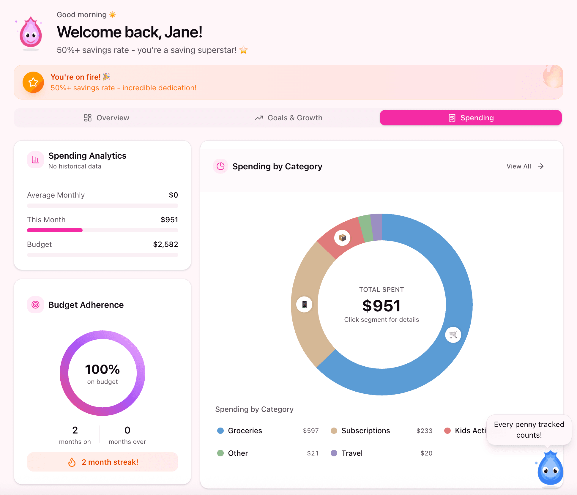 EmberFy dashboard showing budget overview, spending charts, and financial goals