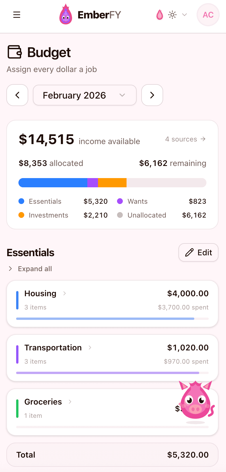 EmberFy mobile view showing budget tracking on the go